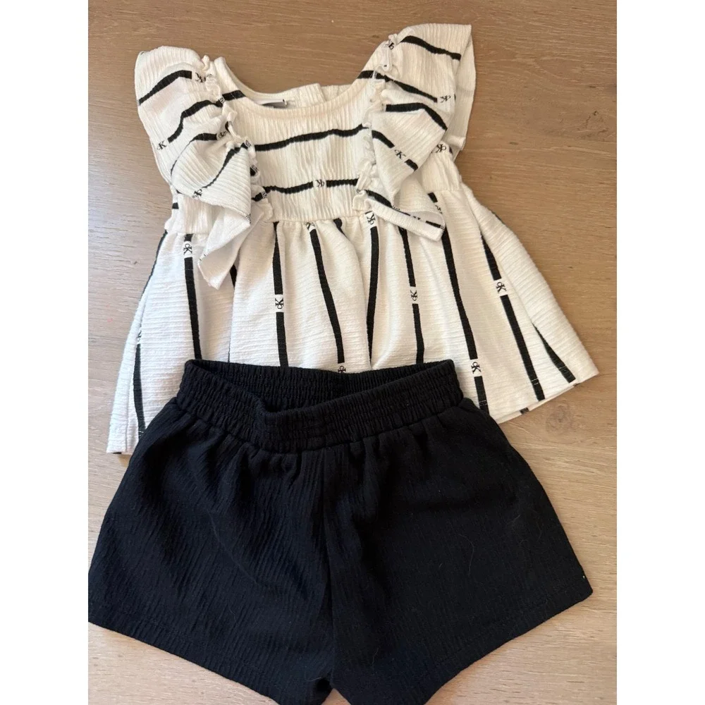 Toddler Girl 2T Bundle Calvin Klein Striped Set, Rabbit Bear Organic Daisy Set